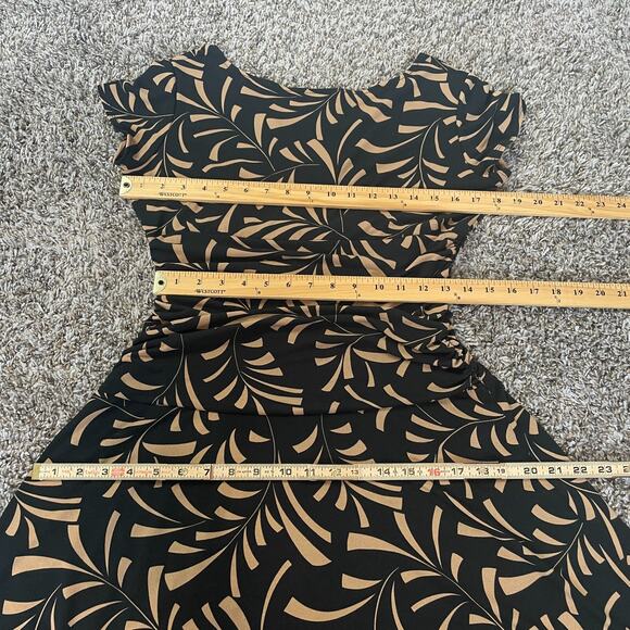 Midi Dress Size 12 Black Tan Faux Wrap V neck Stretch A Line Short Sleeve Y2K - Picture 12 of 14